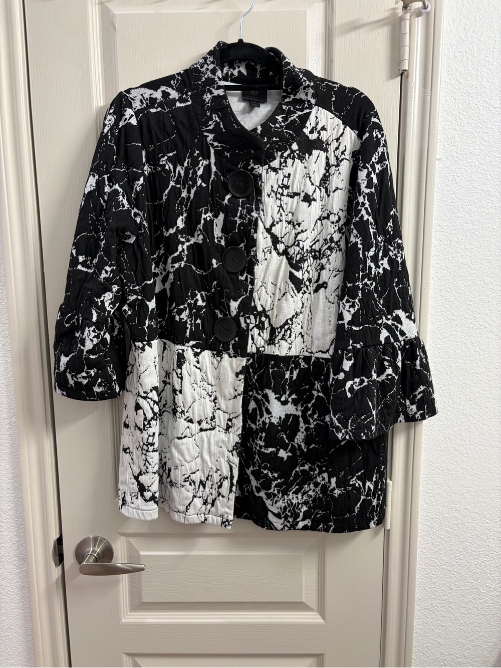 JM Collection Black and White Marble-Print Quilted Pea Coat